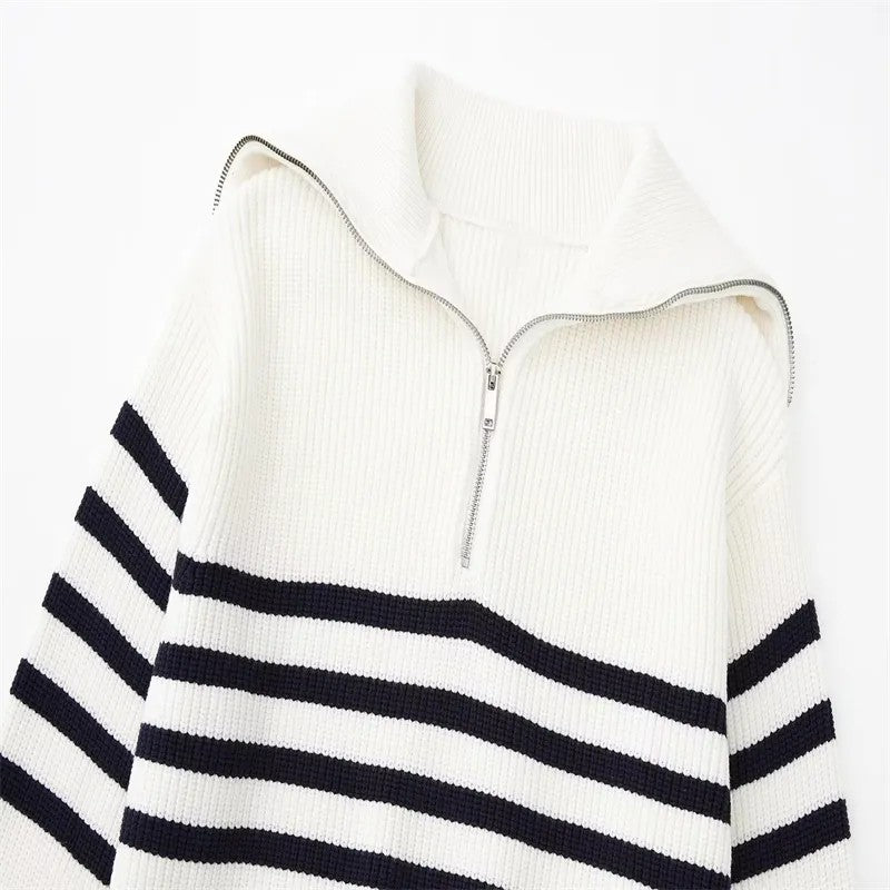 Half-Zip Sailor-Collar Striped Sweater “Gaia”