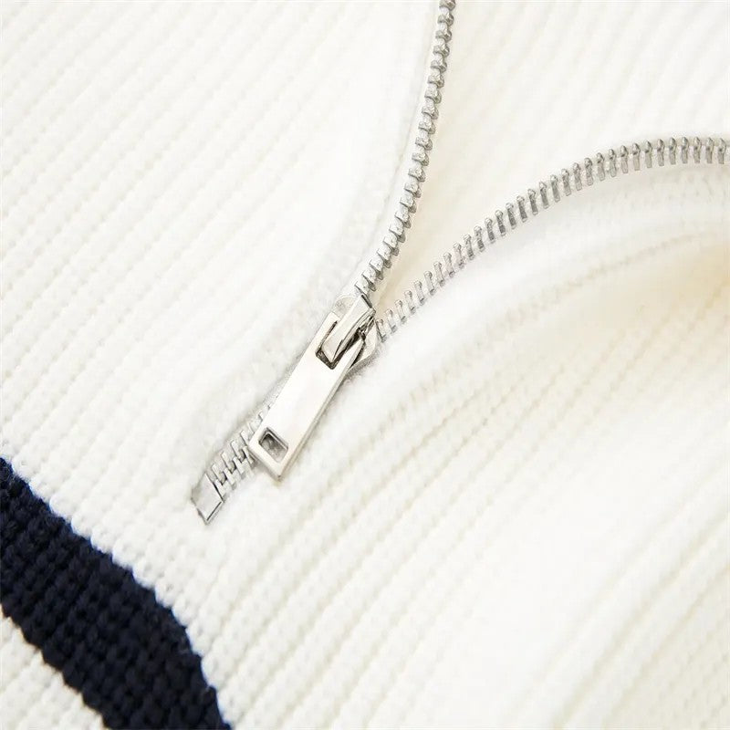 Half-Zip Sailor-Collar Striped Sweater “Gaia”