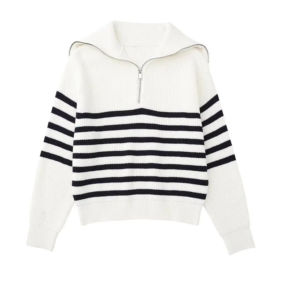Half-Zip Sailor-Collar Striped Sweater “Gaia”