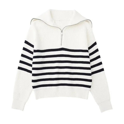 Half-Zip Sailor-Collar Striped Sweater “Gaia”
