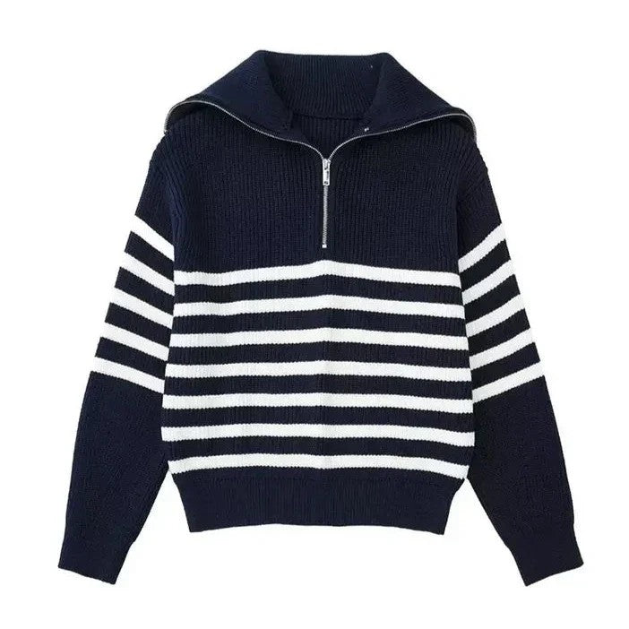 Half-Zip Sailor-Collar Striped Sweater “Gaia”
