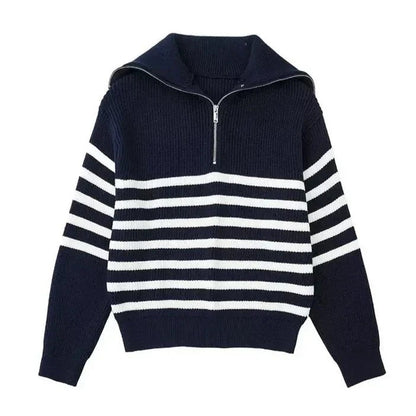 Half-Zip Sailor-Collar Striped Sweater “Gaia”