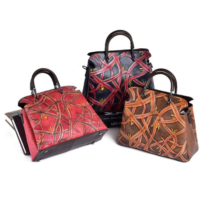 Vintage Floral Leather Tote and Crossbody Bucket Bag