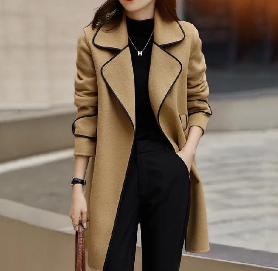 Belted Wool-Look Coat with Contrast Piping “Edith”