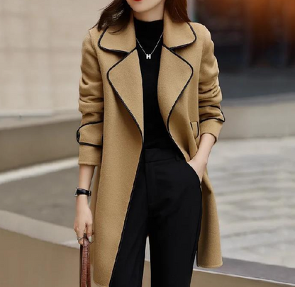 Belted Wool-Look Coat with Contrast Piping “Edith”
