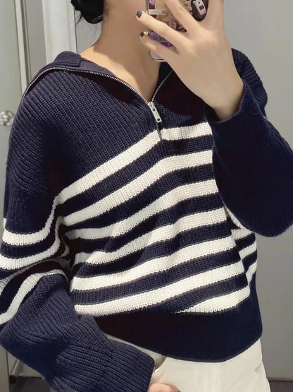 Half-Zip Sailor-Collar Striped Sweater “Gaia”