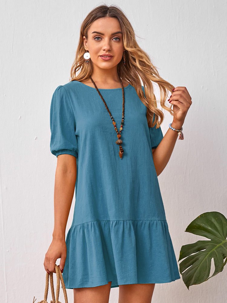 Ladies short sleeve cotton linen dress - blue