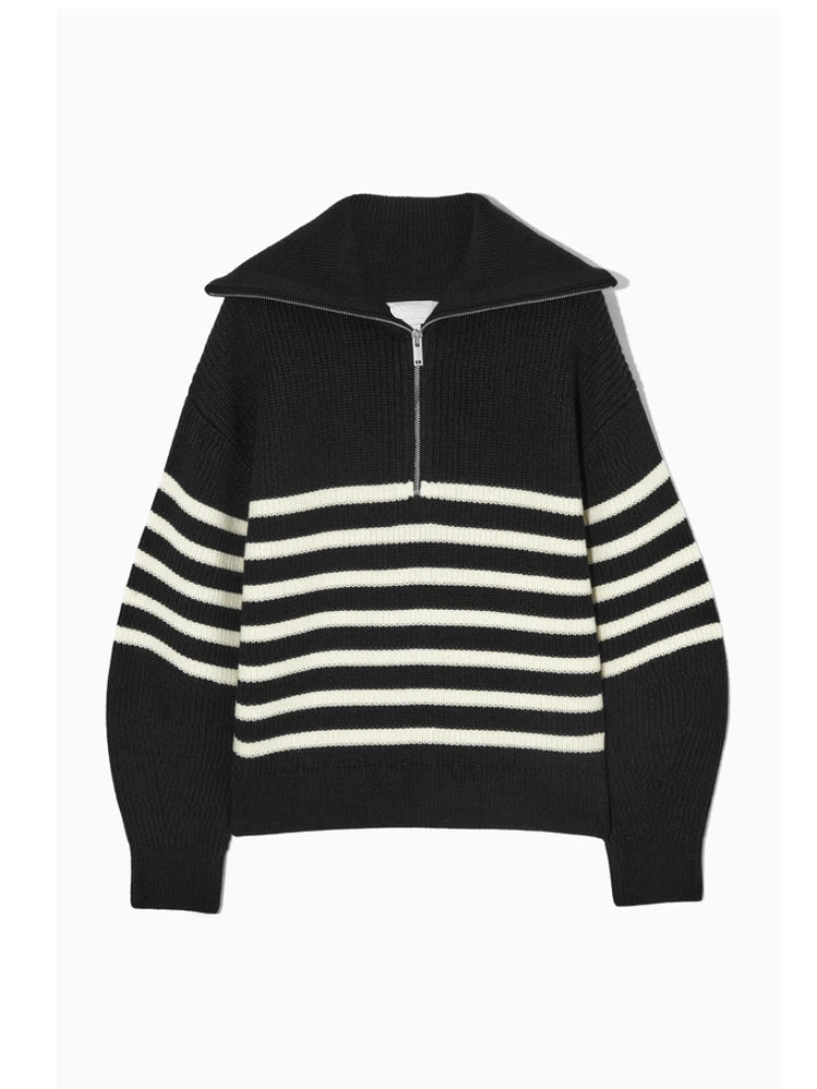 Half-Zip Sailor-Collar Striped Sweater “Gaia”