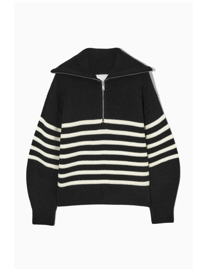 Half-Zip Sailor-Collar Striped Sweater “Gaia”