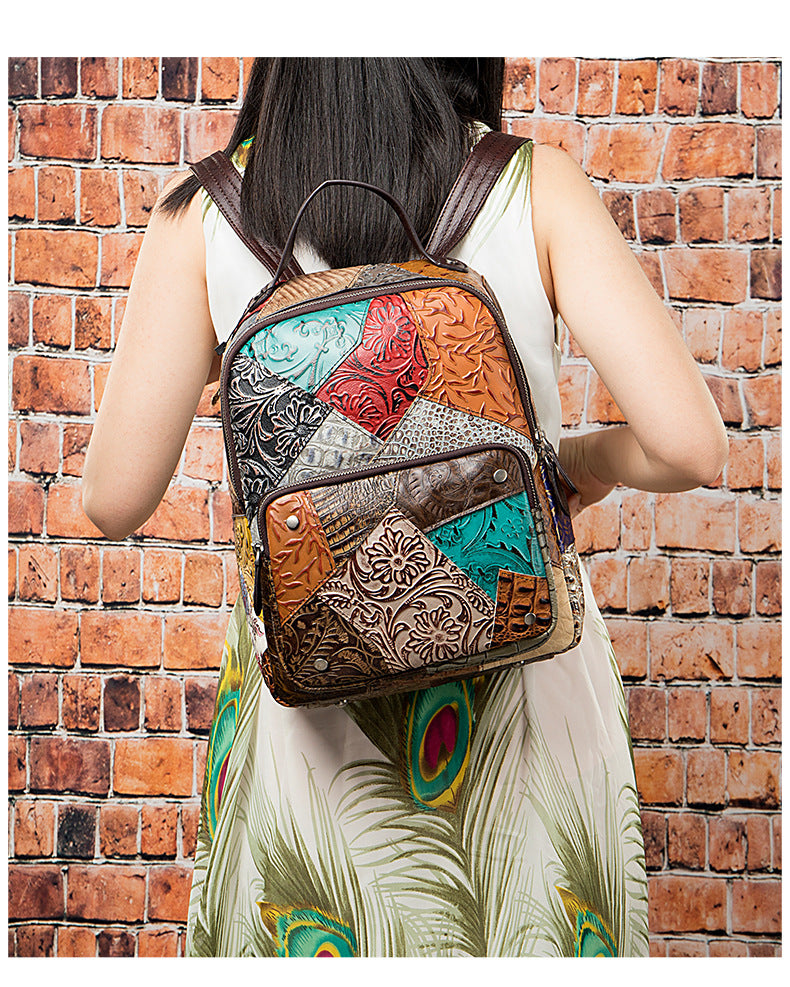 Patchwork-Lederrucksack mit Blumenmuster