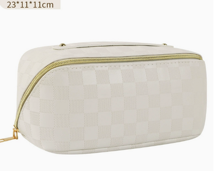 Checked Faux Leather (PU) Open-Flat Makeup Bag