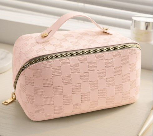 Checked Faux Leather (PU) Open-Flat Makeup Bag