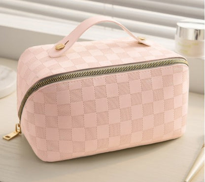 Checked Faux Leather (PU) Open-Flat Makeup Bag
