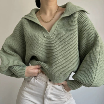 Wide-Collar V-Neck Knit Sweater “Selma”