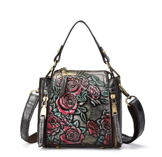 Floral Embossed Leather Handbag
