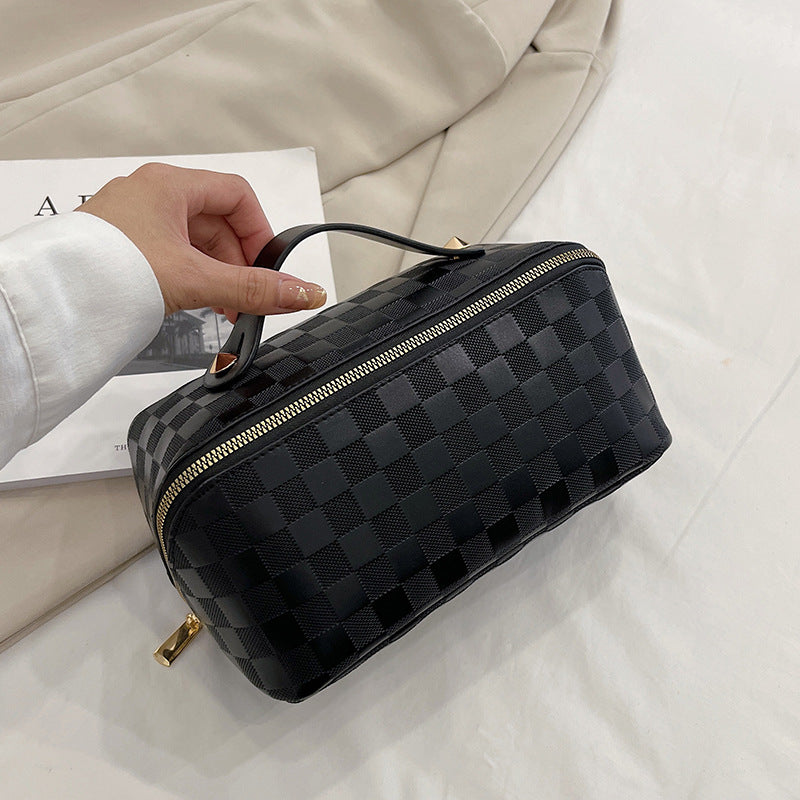 Checked Faux Leather (PU) Open-Flat Makeup Bag