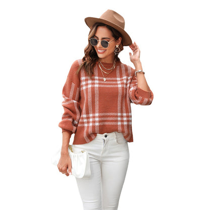 Plaid Knit Crew-Neck Sweater “Fiona”