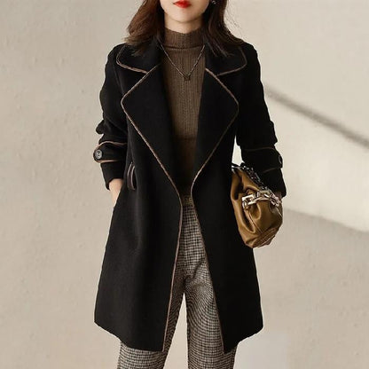 Belted Wool-Look Coat with Contrast Piping “Edith”