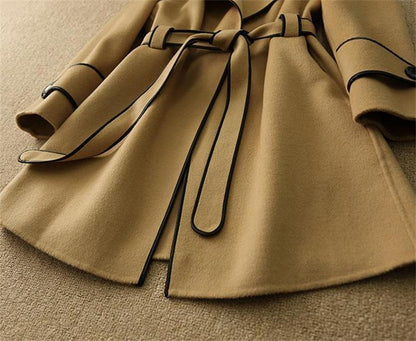Belted Wool-Look Coat with Contrast Piping “Edith”