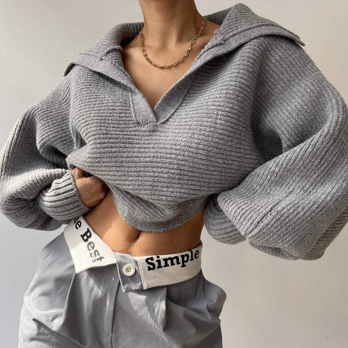Wide-Collar V-Neck Knit Sweater “Selma”