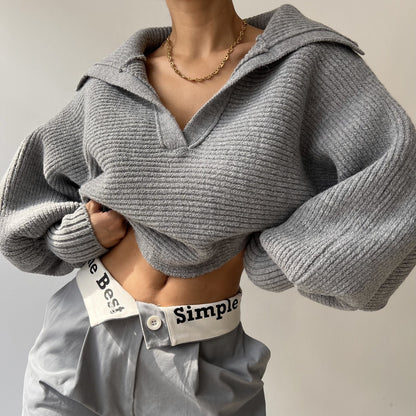 Wide-Collar V-Neck Knit Sweater “Selma”