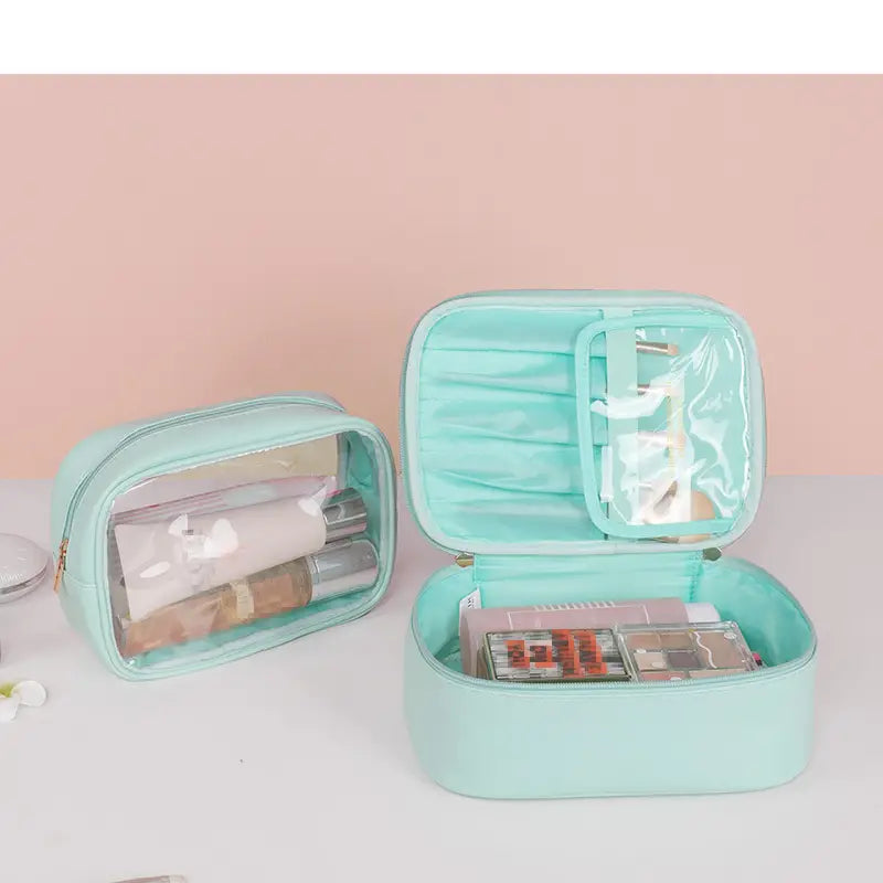 2-Piece Faux Leather (PU) Travel Makeup Bag Set