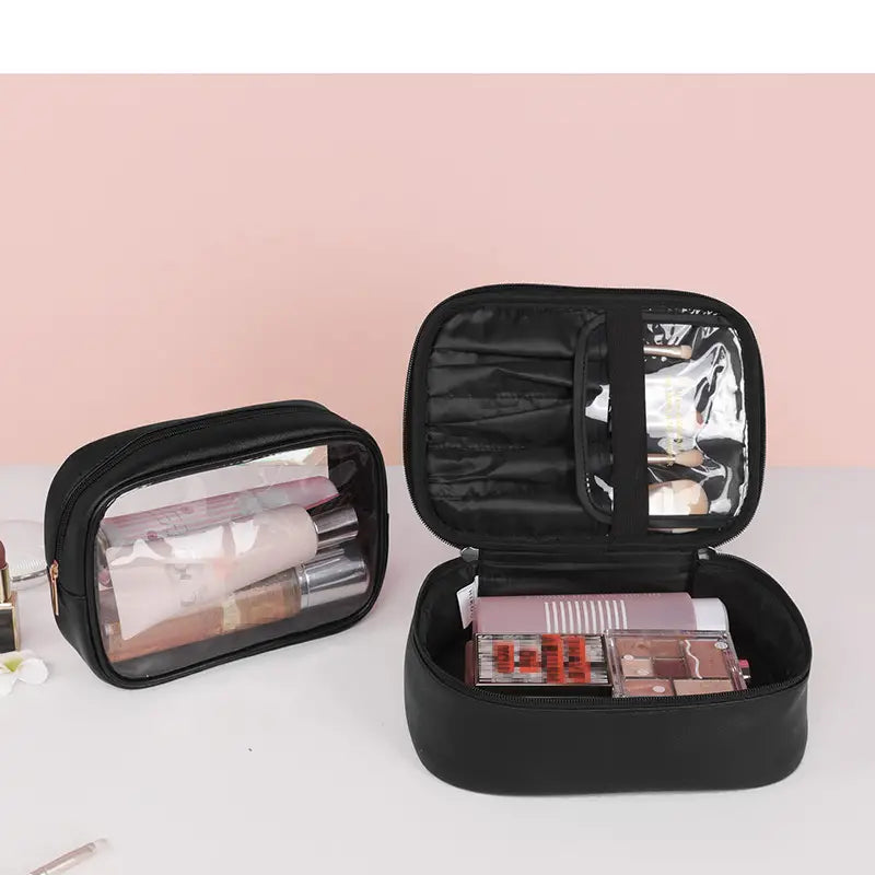 2-Piece Faux Leather (PU) Travel Makeup Bag Set