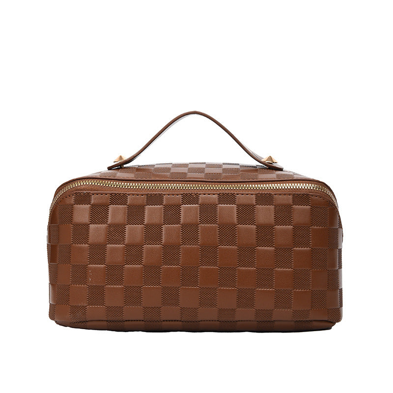Checked Faux Leather (PU) Open-Flat Makeup Bag