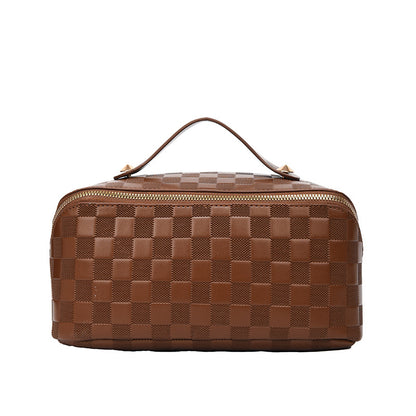 Checked Faux Leather (PU) Open-Flat Makeup Bag