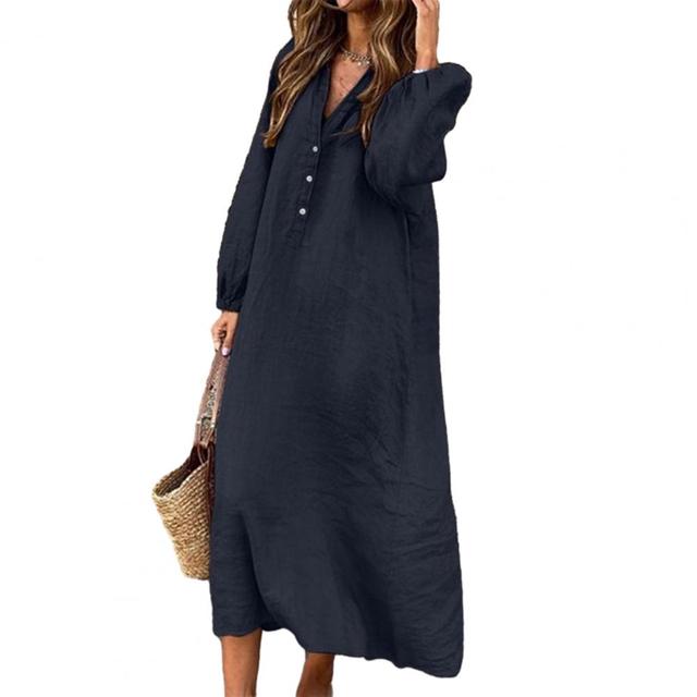 Elegant Women's Cotton Linen Dress with V-neck and Sleeves