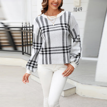 Plaid Knit Crew-Neck Sweater “Fiona”