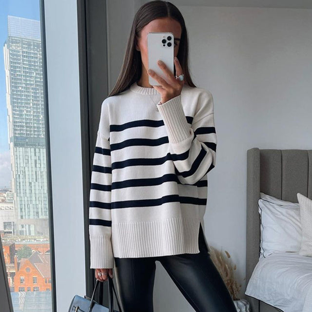 Breton-Stripe Oversized Knit Sweater “Adele”