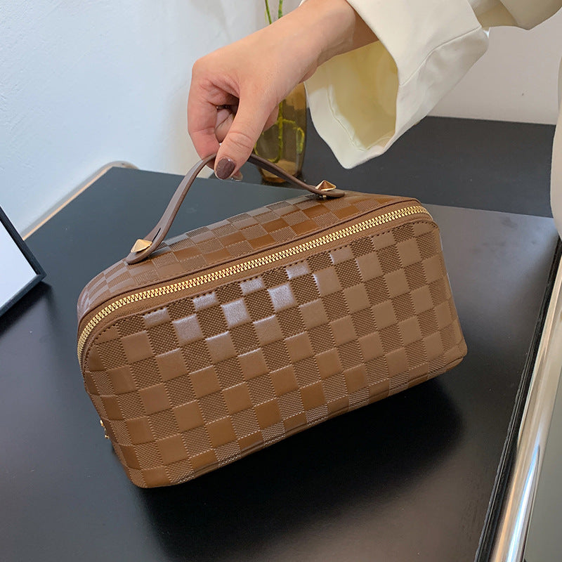 Checked Faux Leather (PU) Open-Flat Makeup Bag
