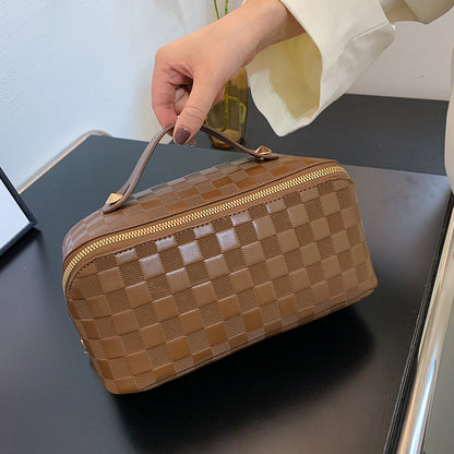 Checked Faux Leather (PU) Open-Flat Makeup Bag