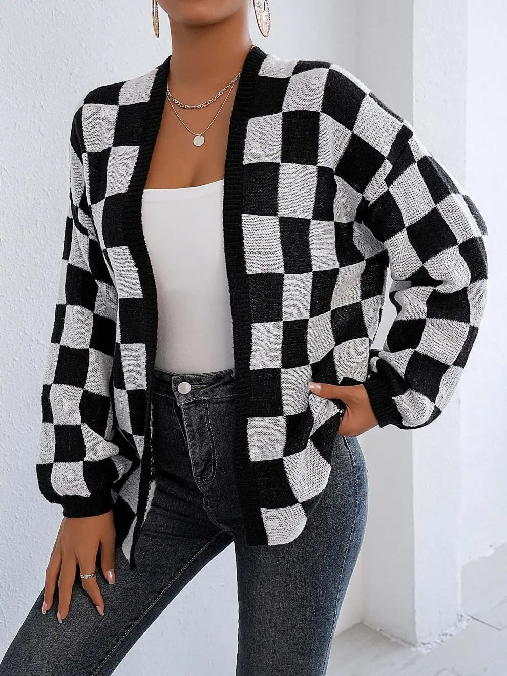 Checkerboard Knit Cardigan “Ingrid”