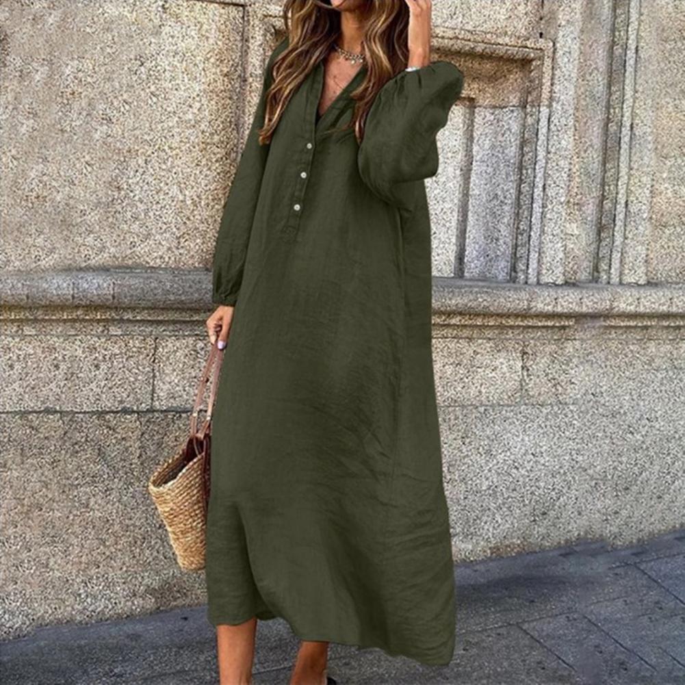Elegant Women's Cotton Linen Dress with V-neck and Sleeves