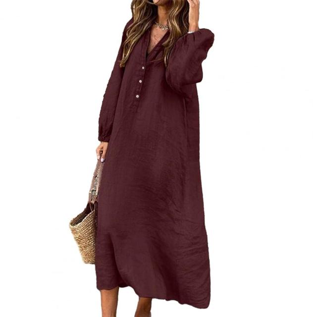 Elegant Women's Cotton Linen Dress with V-neck and Sleeves