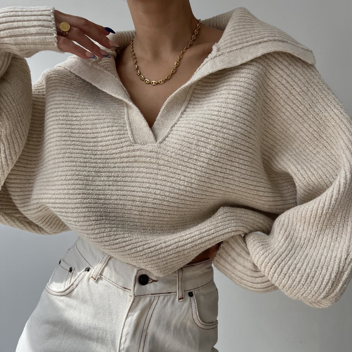 Wide-Collar V-Neck Knit Sweater “Selma”