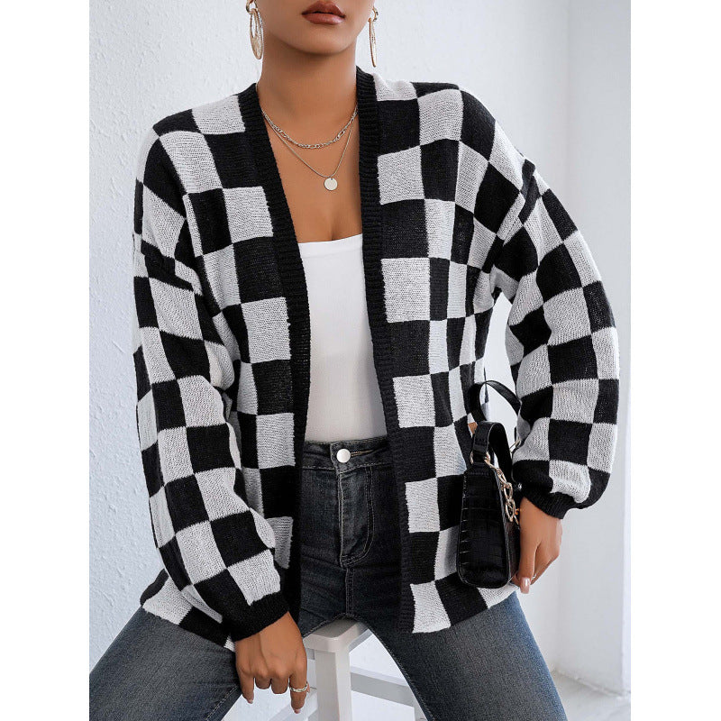 Checkerboard Knit Cardigan “Ingrid”