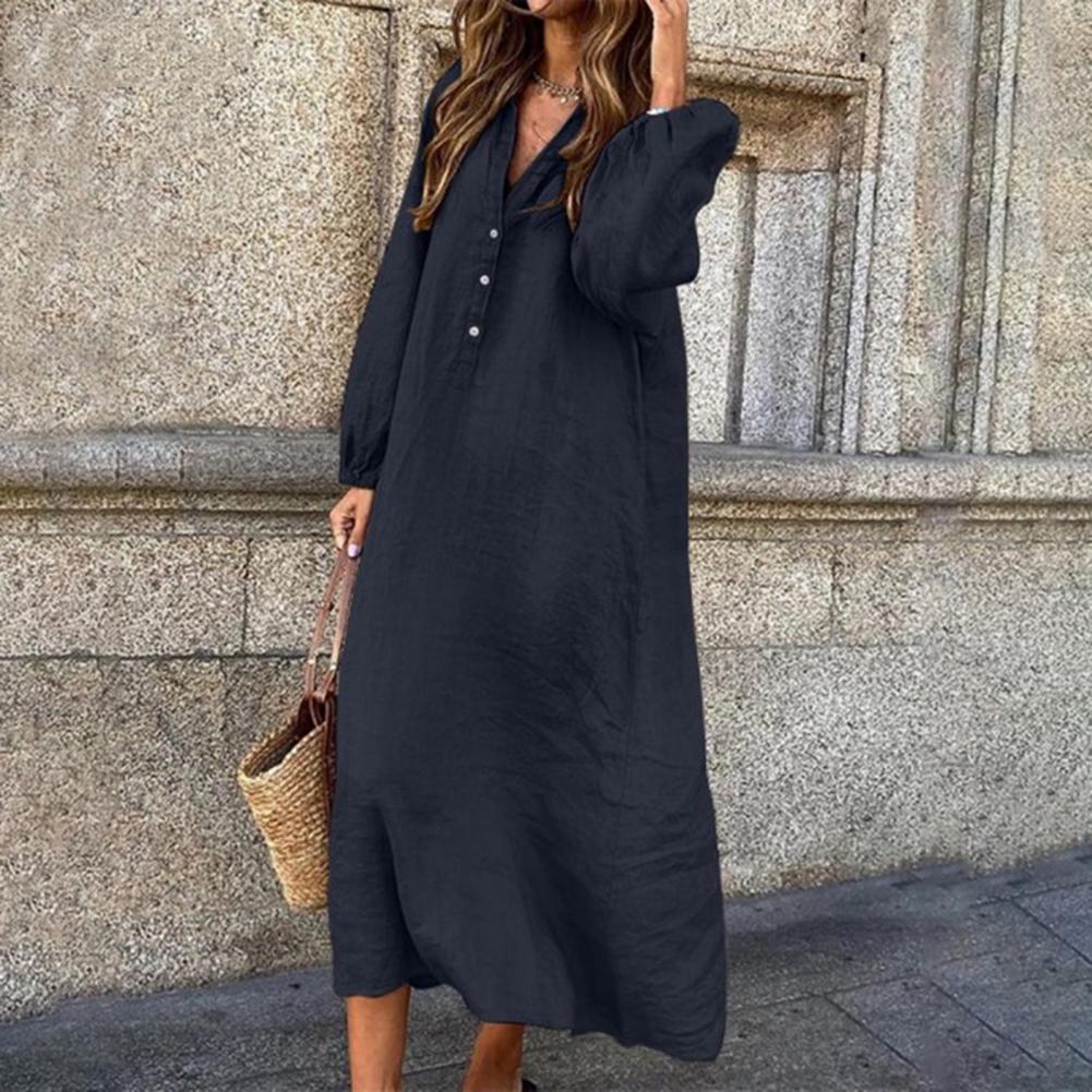 Elegant Women's Cotton Linen Dress with V-neck and Sleeves
