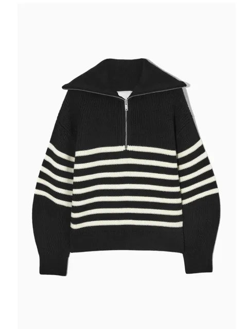 Half-Zip Sailor-Collar Striped Sweater “Gaia”