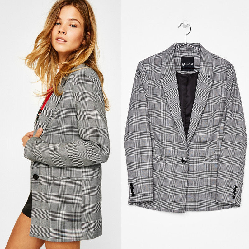 Glen Check One-Button Blazer “Signe”