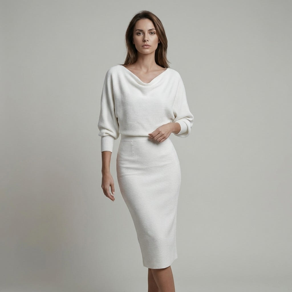 Alessia Cowl-Neck Batwing Knit Midi Dress - White