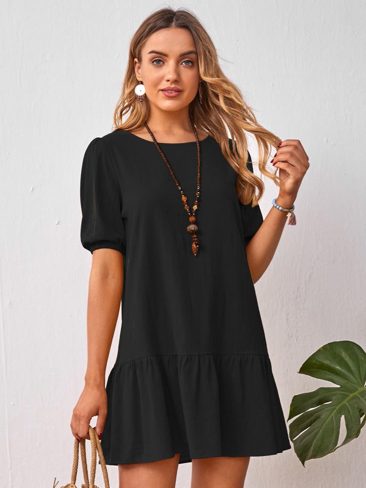 Ladies short sleeve cotton linen dress - black