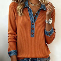 Denim-Trim V-Neck Knit Pullover “Romy” – Orange