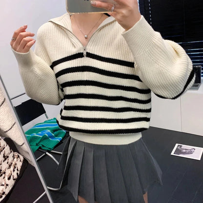 Half-Zip Sailor-Collar Striped Sweater “Gaia”