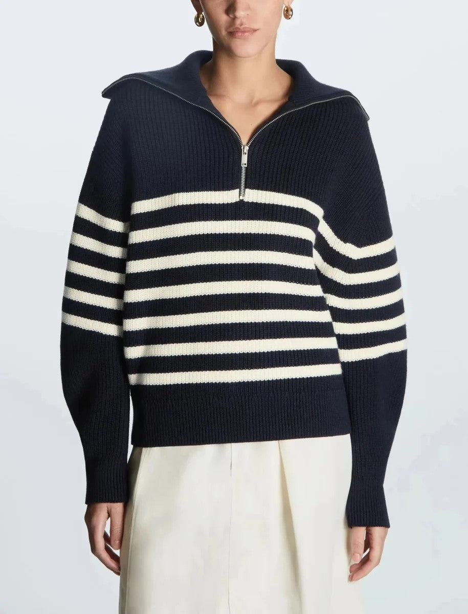 Half-Zip Sailor-Collar Striped Sweater “Gaia”