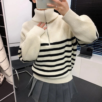 Half-Zip Sailor-Collar Striped Sweater “Gaia”