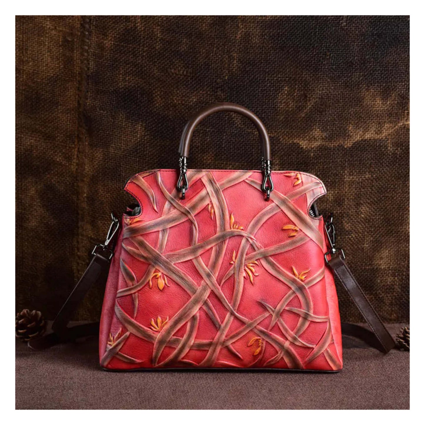 Vintage-Ledertasche mit Blumenmuster und Umhängetasche