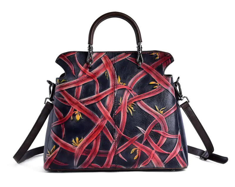 Vintage Floral Leather Tote and Crossbody Bucket Bag